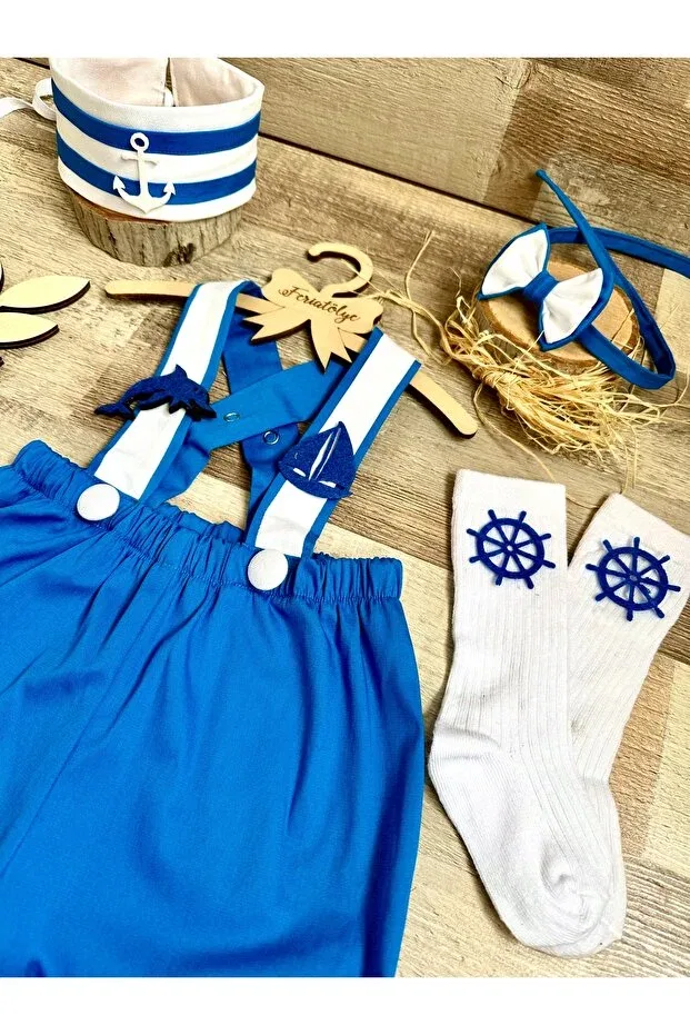 Детский комбинезон для мальчиков с принтом Sailor Concept Handmade Custom-Made Baby Boy Bow Tie Salopet Bow Tie Socks Crown Set Feriatolye, Blue