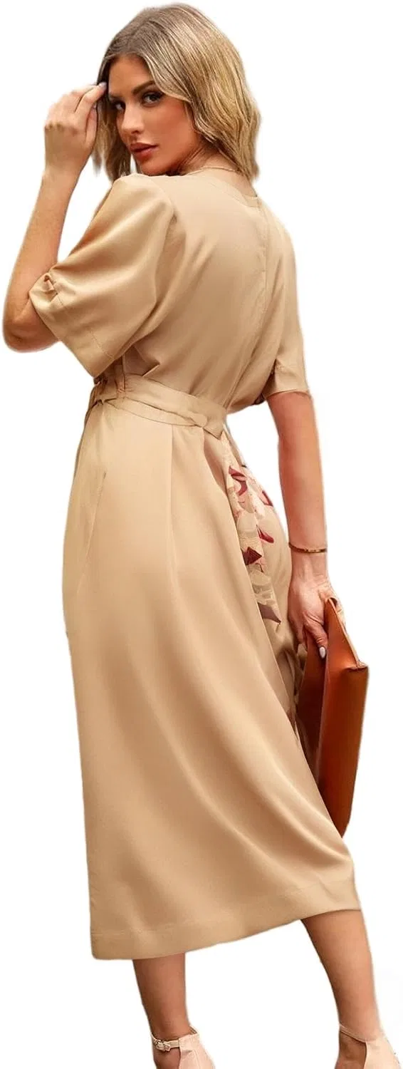 Женское летнее миди-платье А-силуэта с поясом, Khaki — фото 2