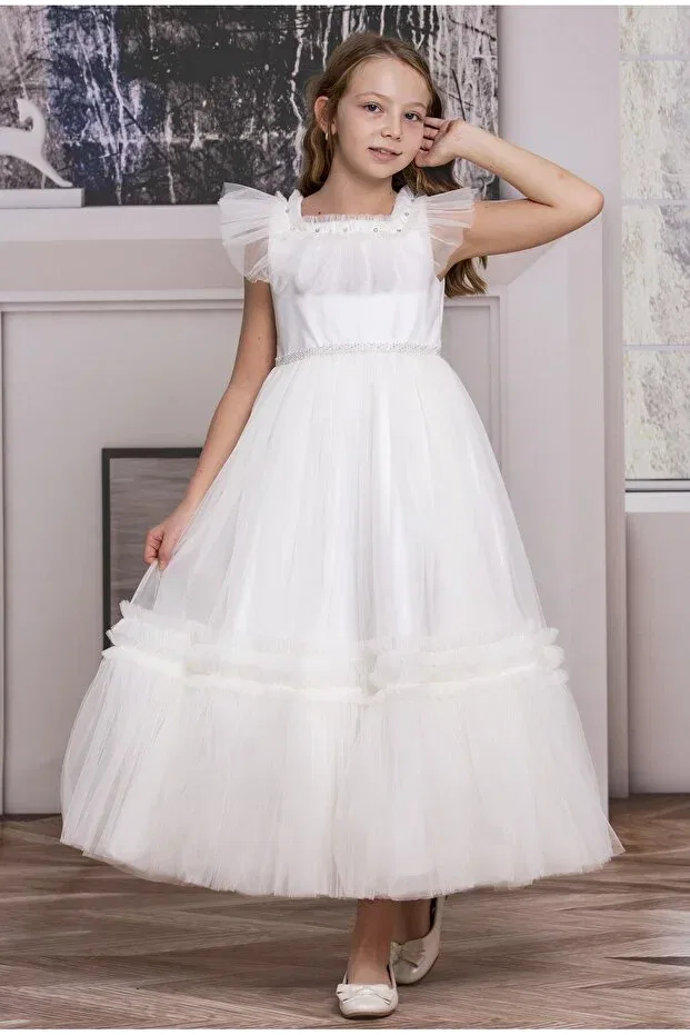 Детское платье из фатина с длинным рукавом Süslü Pink Kids, White — фото 2