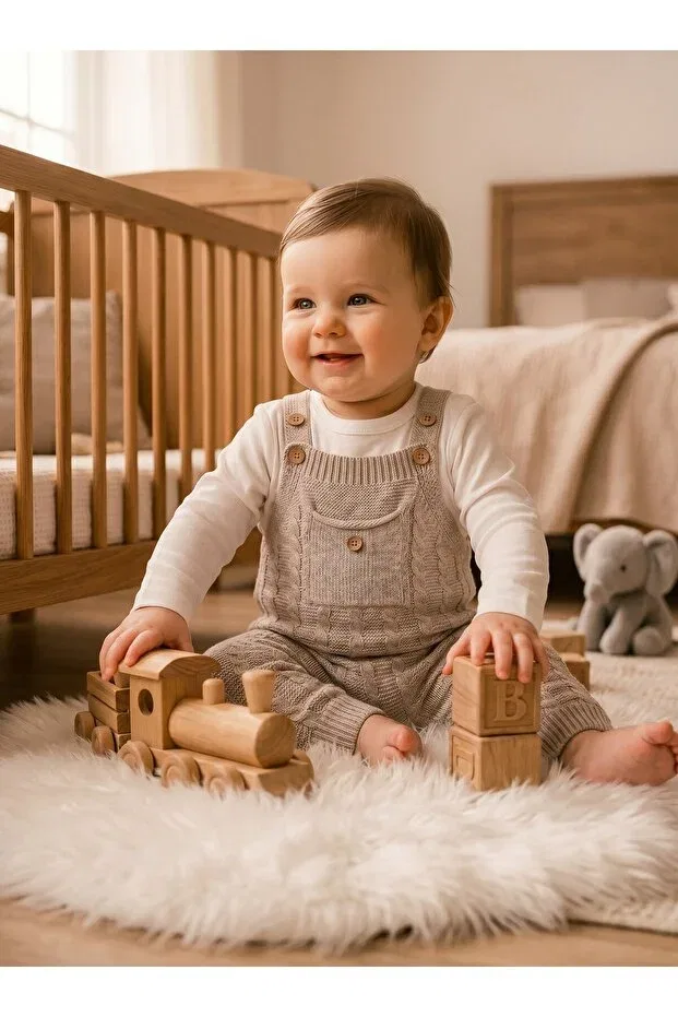 Детский комбинезон для девочек вязаный с принтом Hair Braided Pocketed Knitwear Baby Salopet Jumpsuit Combed Cotton Gift Set Nio Lua, Beige — фото 4