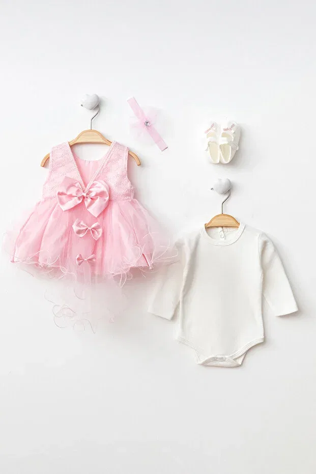 Детское платье для девочек с коротким рукавом Pompom baby girl newborn gift mevlüt dress Petite Ponpon Baby, Pink