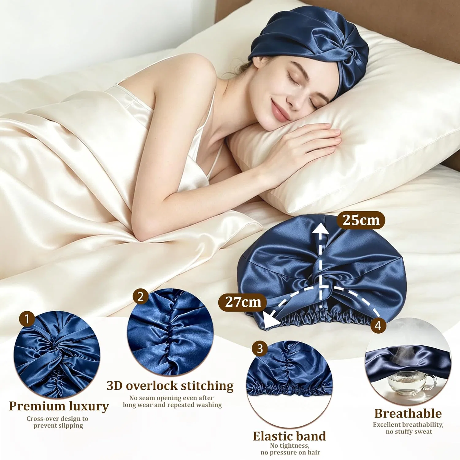 Шапочка для душа Sleep Cap, двухслойная, 16 мм, 100% тутовый шелк, townssilk, 1 шт, Navy Blue — фото 3