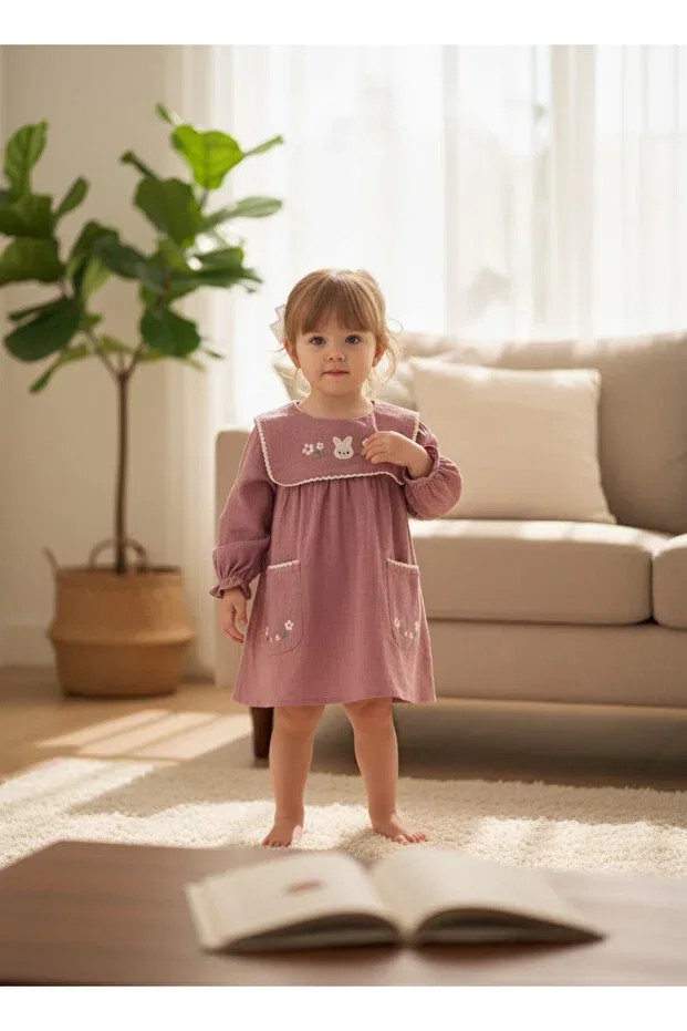 Детское платье для девочек с длинным рукавом Embroidery detailed linen baby girl dress with pockets Pufiko Kids, Pink — фото 2
