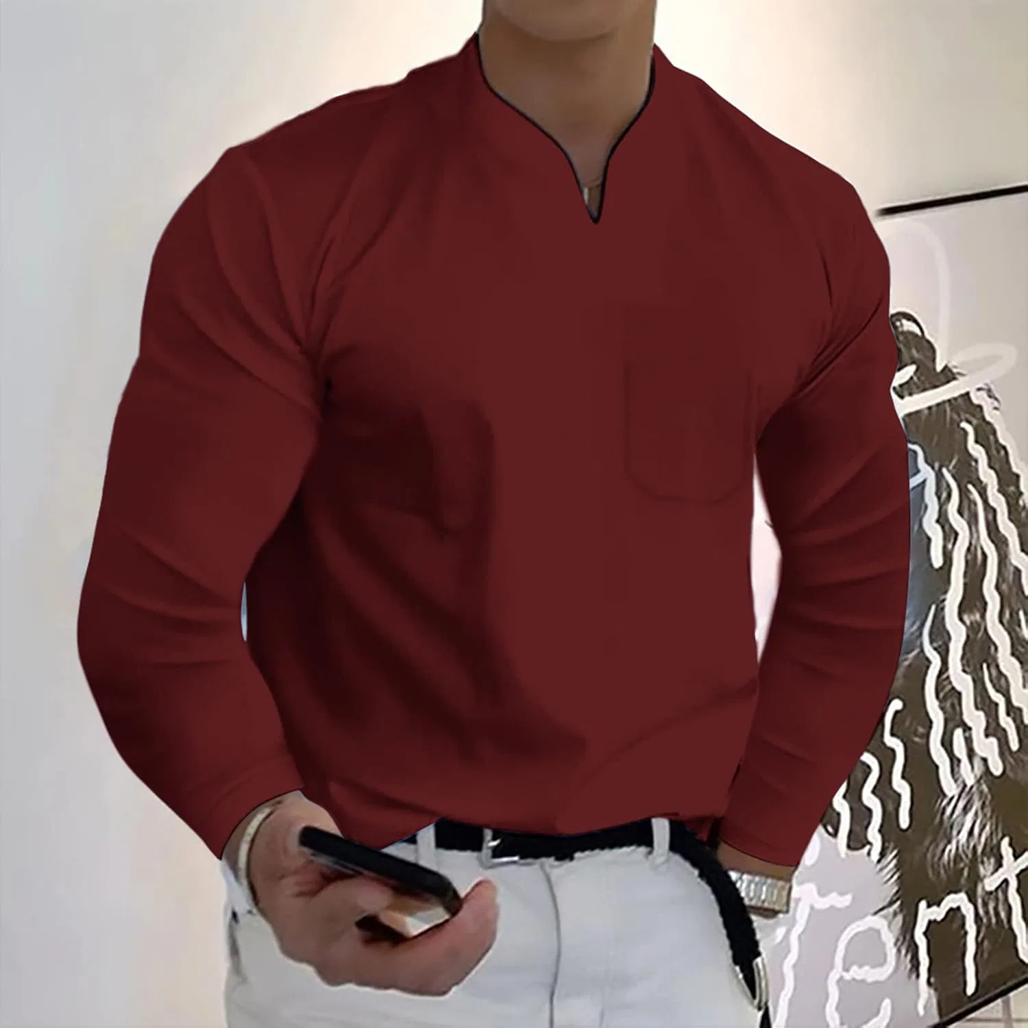 Мужская футболка-поло с длинным рукавом Henley Regular Fit, Red — фото 2
