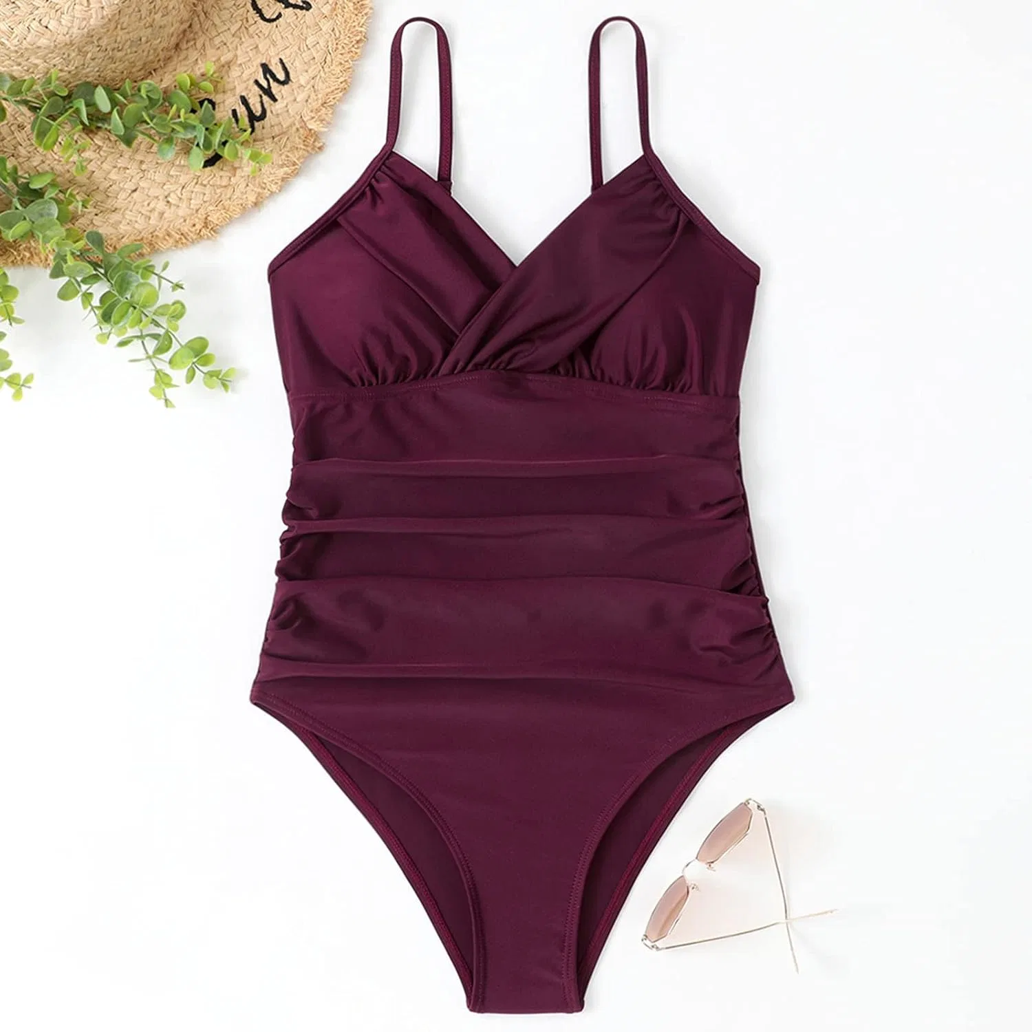 Женский слитный купальник V-образный вырез Push Up Vintage, Wine — фото 4