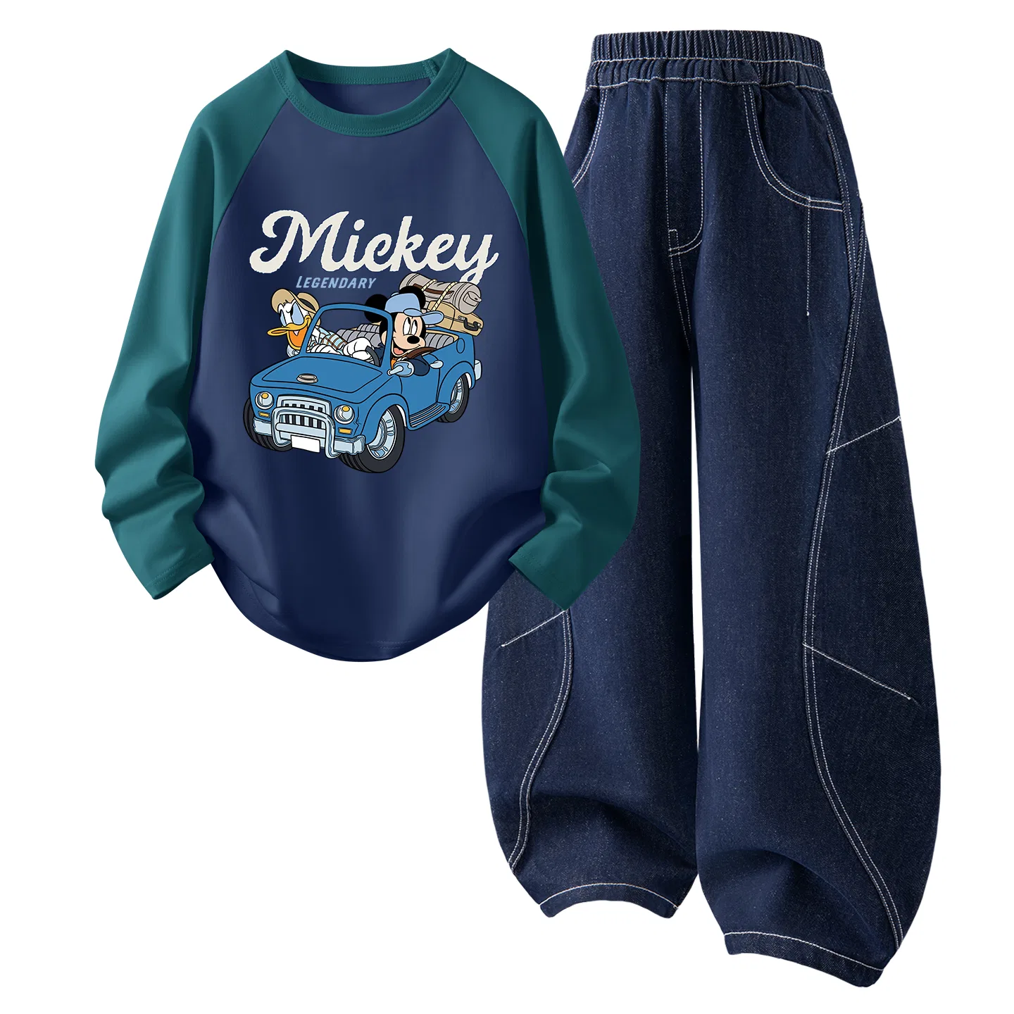 Детский спортивный костюм с принтом Di Smile Face Qi K Green White, джинсовые шорты, Disney, Denim Dark Blue — фото 3