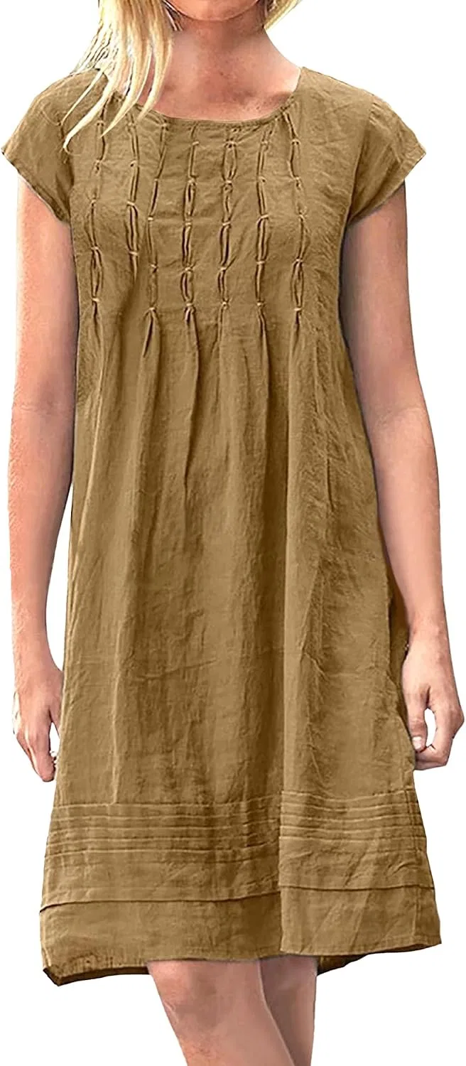 Женское летнее льняное платье мини с плиссировкой, Brown