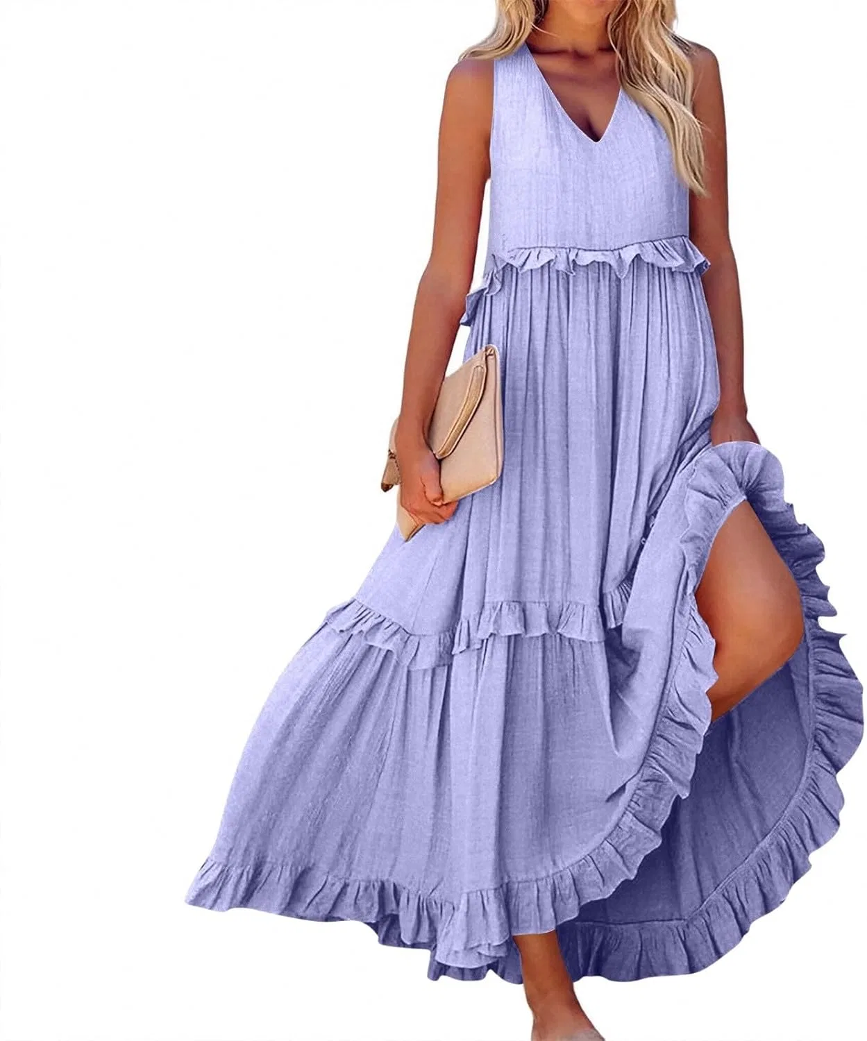 Женское летнее макси-платье с V-образным вырезом и воланами Sleeveless, Light Purple