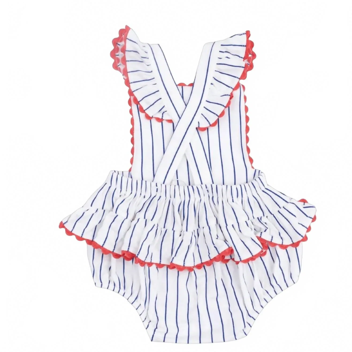 Детский комбинезон-солнцезащитный с принтом в полоску и оборками Ric Rac Baseball Stripe Angel Dear, White — фото 2