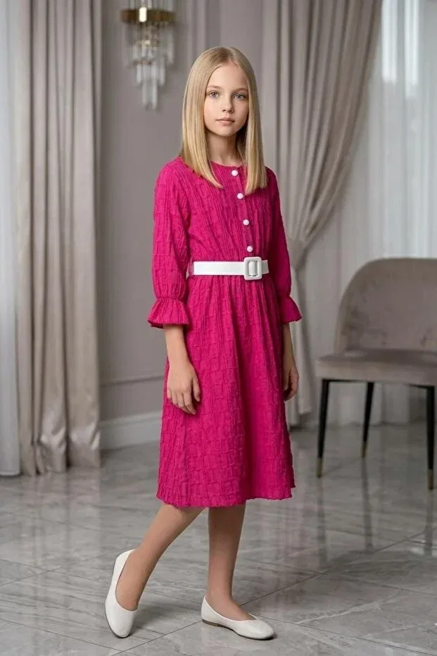 Детское платье для девочек с принтом Buttoned belted wrinkled fabric holiday dress for girls aby259 Abiyekids, Fuchsia — фото 2