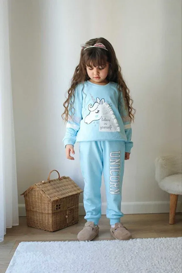 Детский спортивный костюм для девочек с принтом Unicorn 2 Thread Without Rib, Ipekzade, Turquoise