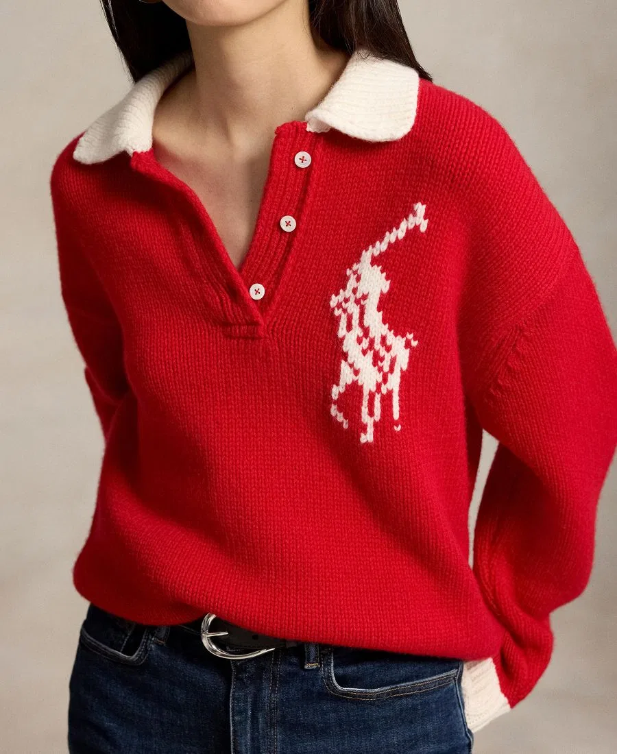 Свитер с воротником-поло из шерсти, модель Big Pony Rugby Polo Ralph Lauren, Red Cream — фото 3