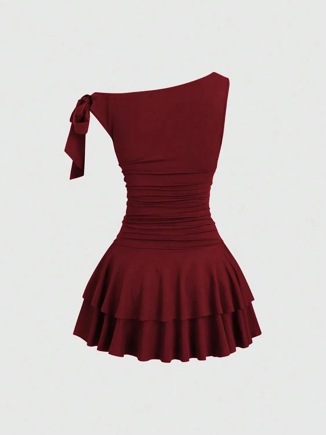 Женское асимметричное мини-платье с воланами Generic, Burgundy — фото 2