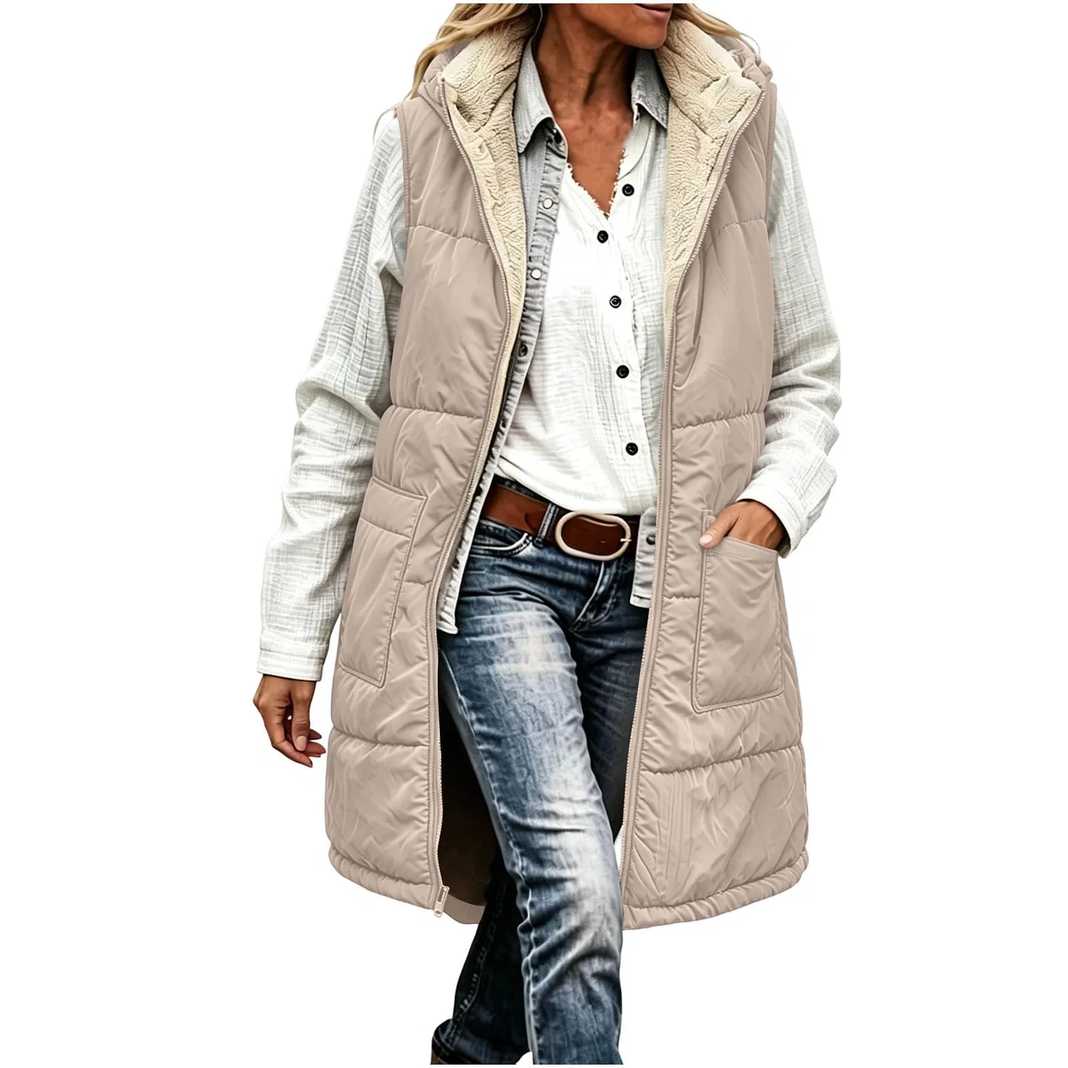 Женский утеплённый жилет с капюшоном, стёганый, на молнии, Teddy Fleece, bianco