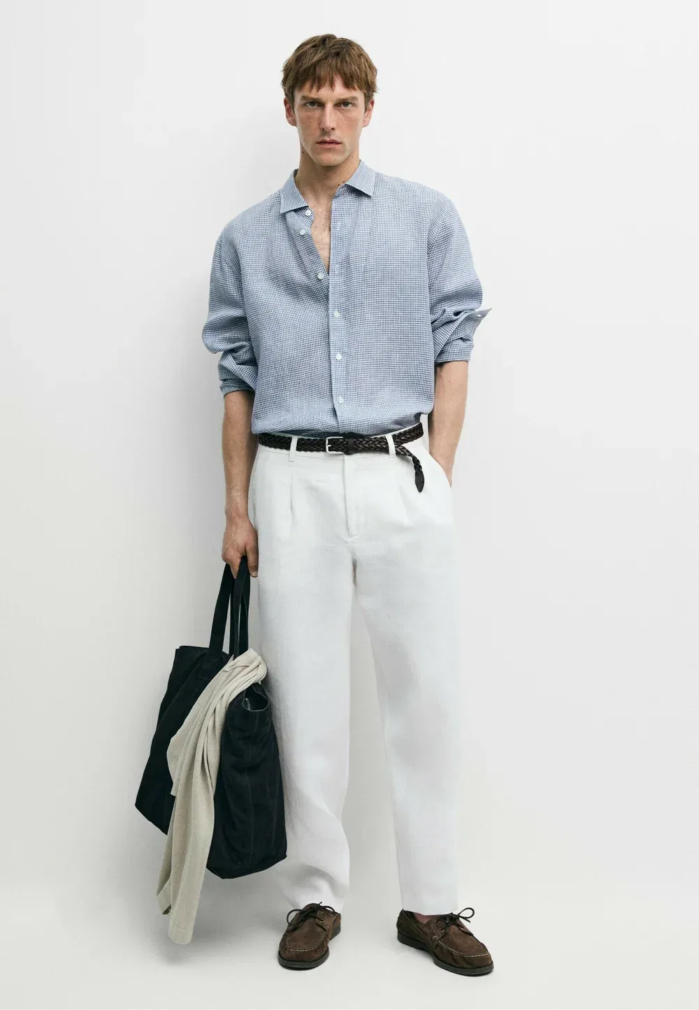Рубашка в клетку, 100% лен, стандартный крой Massimo Dutti, Mottled Dark Blue — фото 2