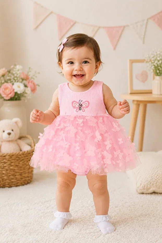 Детское платье для девочек с принтом Butterfly Embroidered Beniizle, Pink