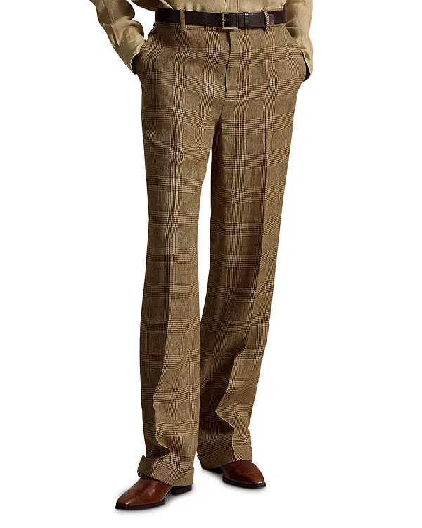 Женские брюки прямого кроя Glen Plaid Linen Relaxed Straight Pants Ralph Lauren, Brown/Tan