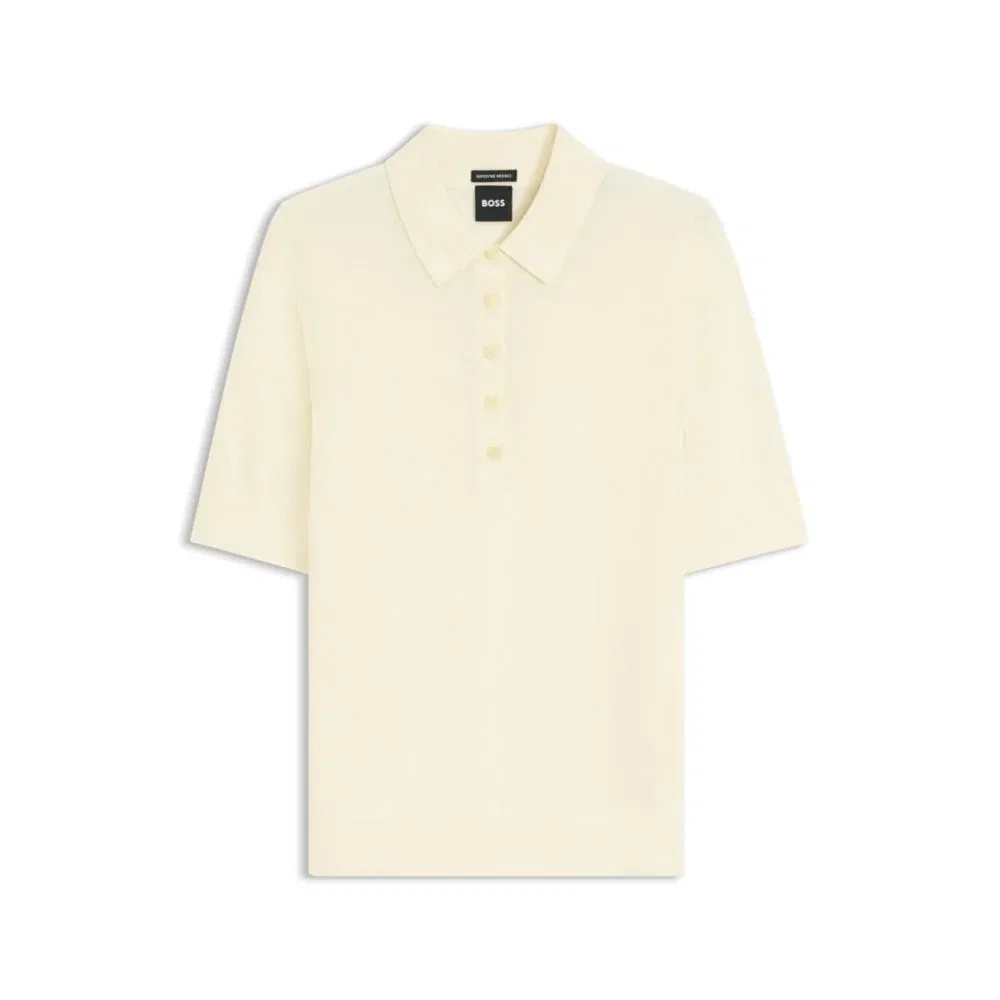 Женский свитер с коротким рукавом и воротником поло из мериносовой шерсти BOSS, Light Beige