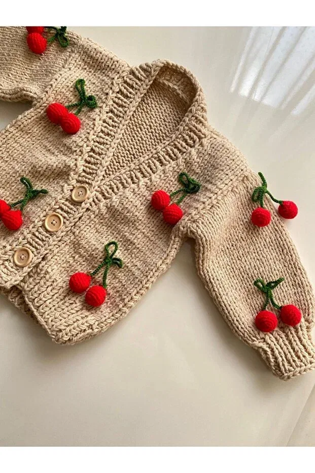 Детский кардиган для девочек с принтом Hand Knitted Cherry Baby Cardigan Hobihanem Tuhafiye, Ten-Cherry