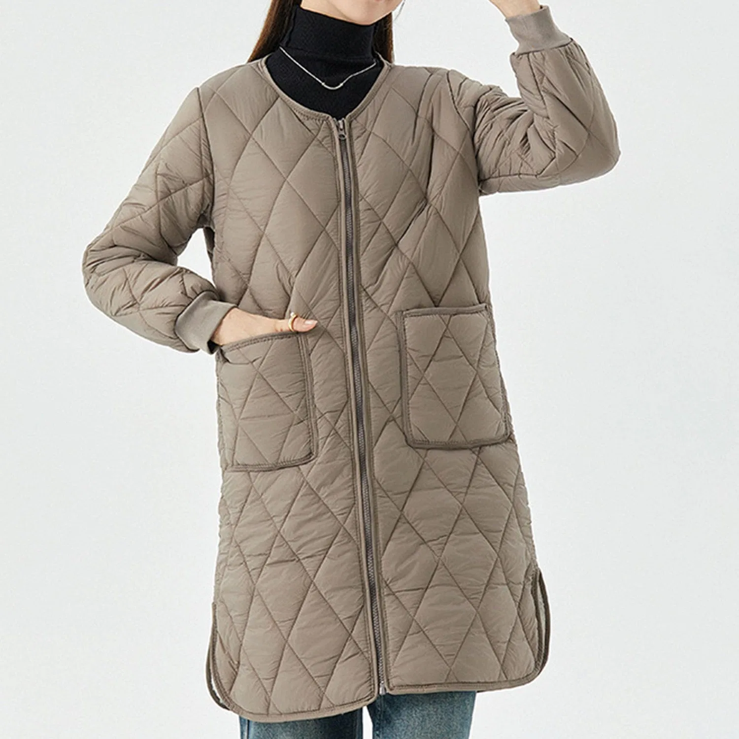 Женское стеганое пальто с V-образным вырезом и молнией Oversize Coats for Women, Cachi — фото 4