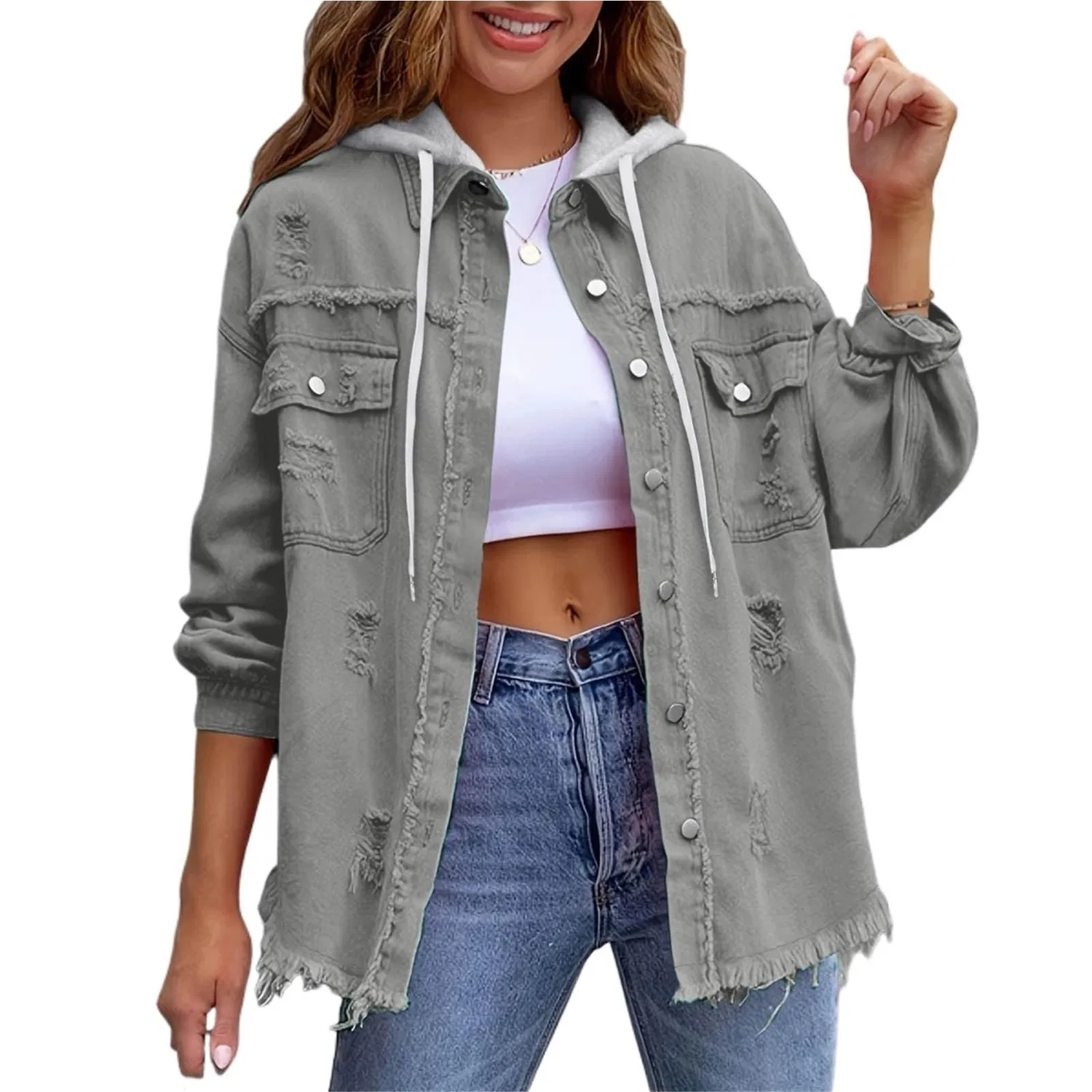 Женская джинсовая куртка с капюшоном с принтом, Light gray