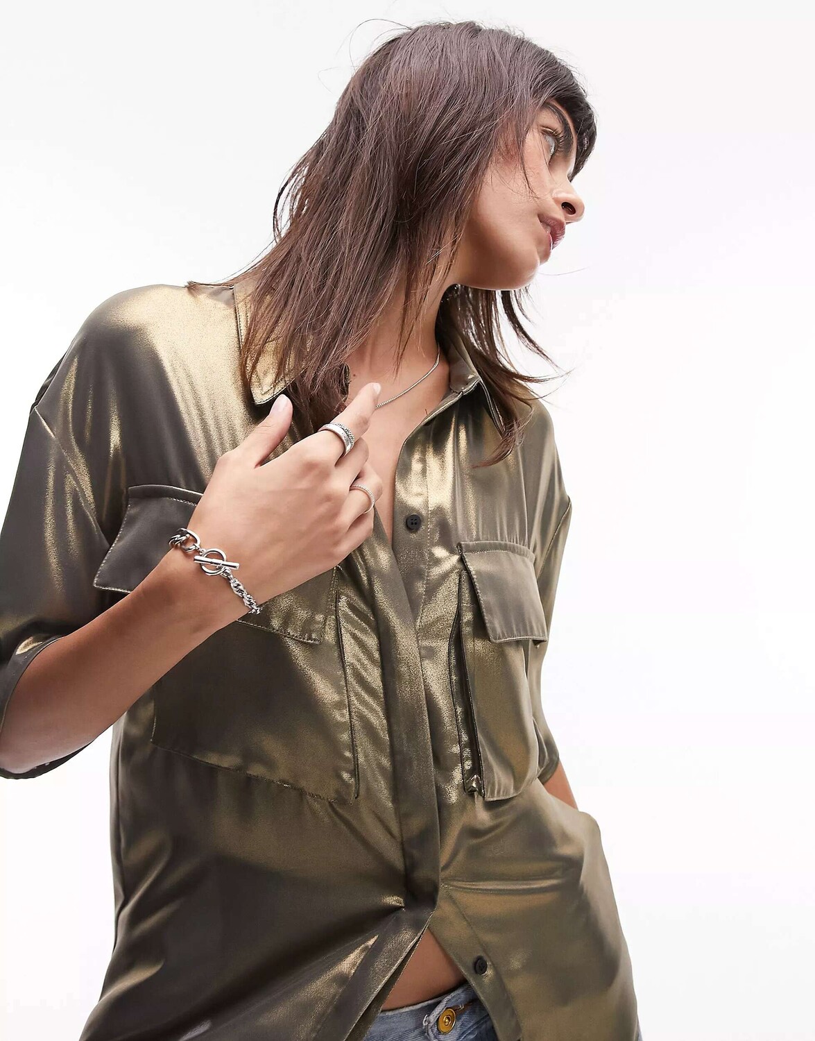 

Золотая рубашка с эффектом металлик Topshop