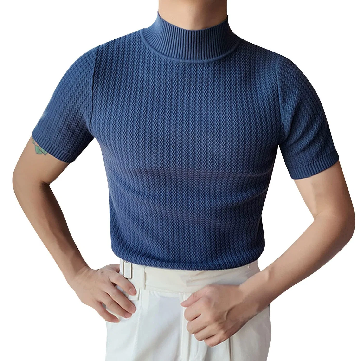Мужская термобельевая футболка с высоким воротом, Blue Mock Neck Tops for Men