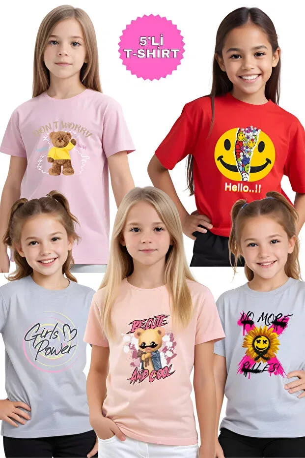 Детский комплект футболок для девочек с принтом Ya Ko Kids, Salmon-Grey-Grey-Light Pink-Red
