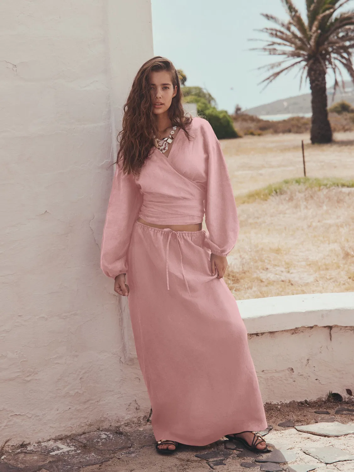 Юбка-карандаш из льна Premium Column Skirt Next, Pale Pink