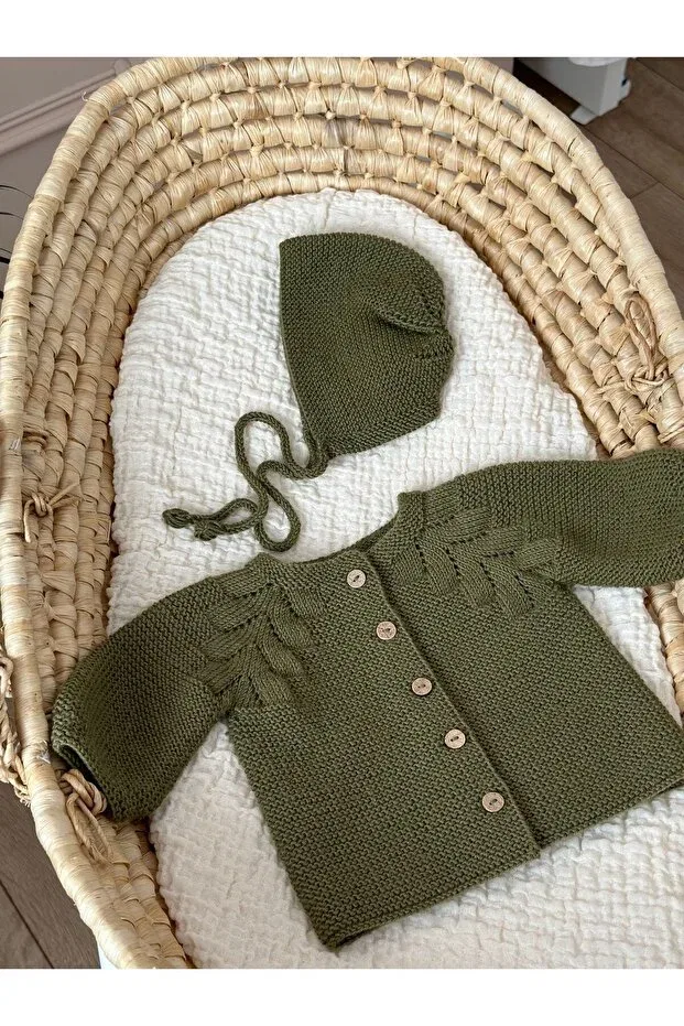 Детский кардиган с ажурным узором, комплект с шапочкой Hand Knitted Florijee, Green — фото 2