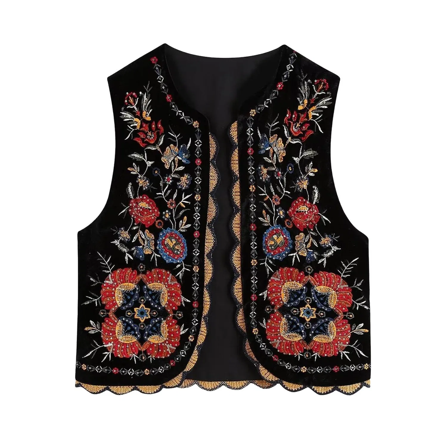 Женский жилет без рукавов с цветочной вышивкой Vintage Boho, Black — фото 2
