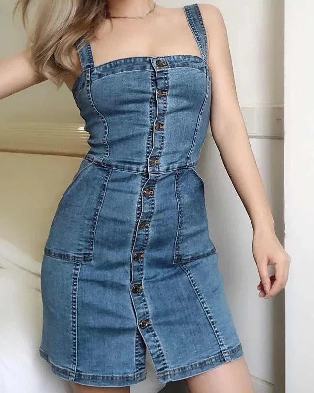 Женское мини-платье из денима с открытой спиной, облегающее, Blue — фото 2