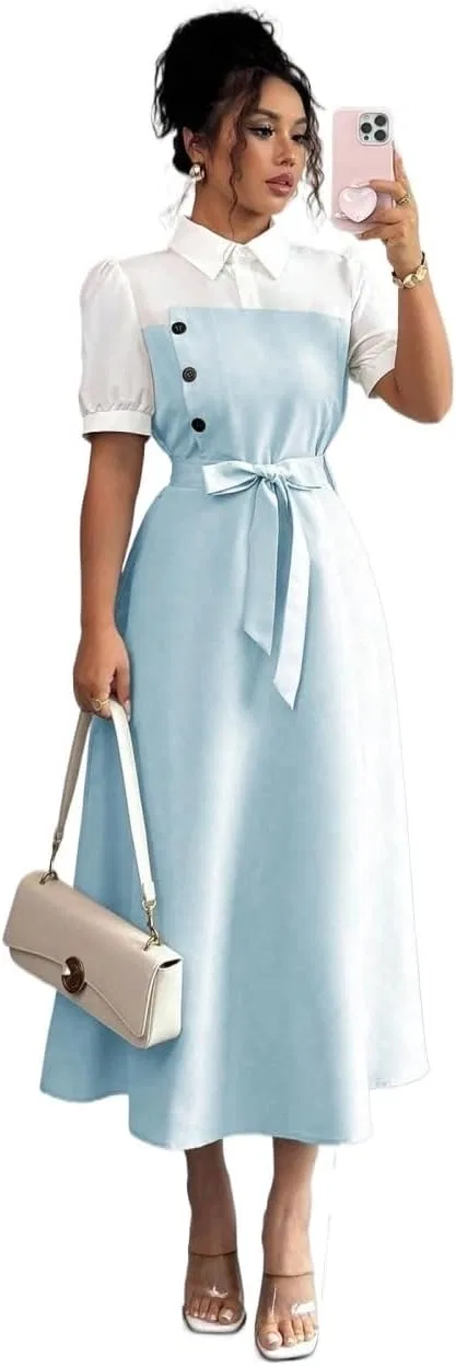 Женское повседневное цветочное миди-платье Colorblock, Blue
