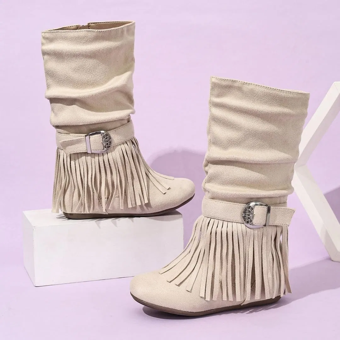 Детские сапоги для девочек с принтом и боковой молнией Retro Tassel Cowboy Auhoho, Beige — фото 3