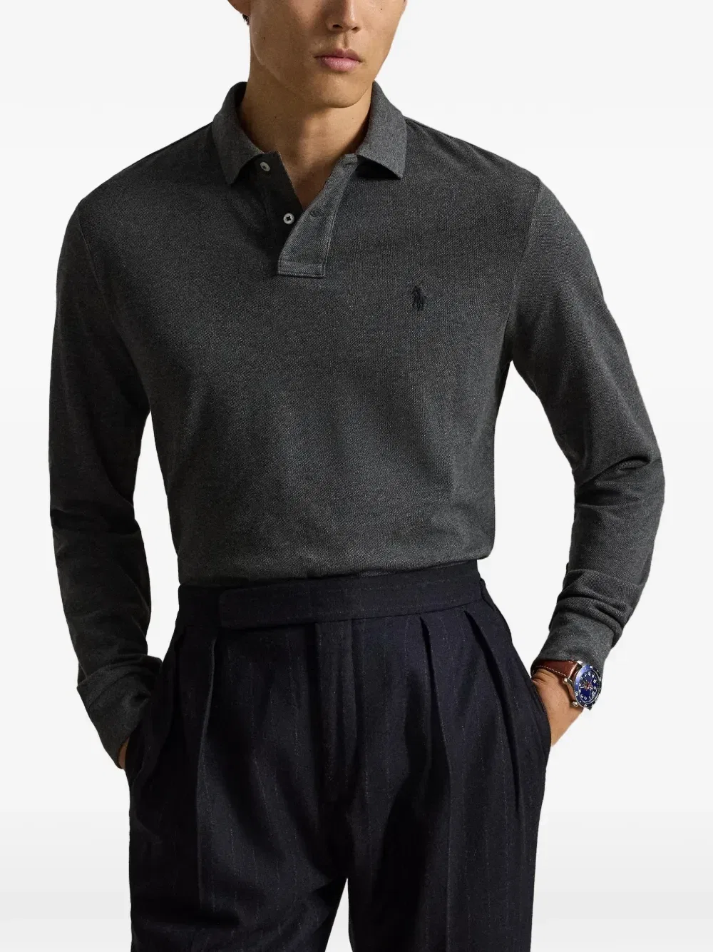 Поло из сетки фасона Custom slim fit Polo Ralph Lauren, серый — фото 4