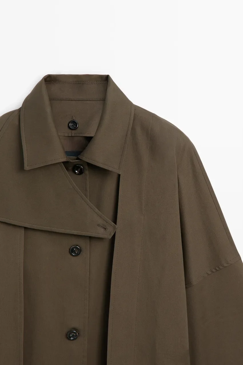 Пальто Massimo Dutti Cotton Blend Trench With Side Splits, коричневый — фото 2