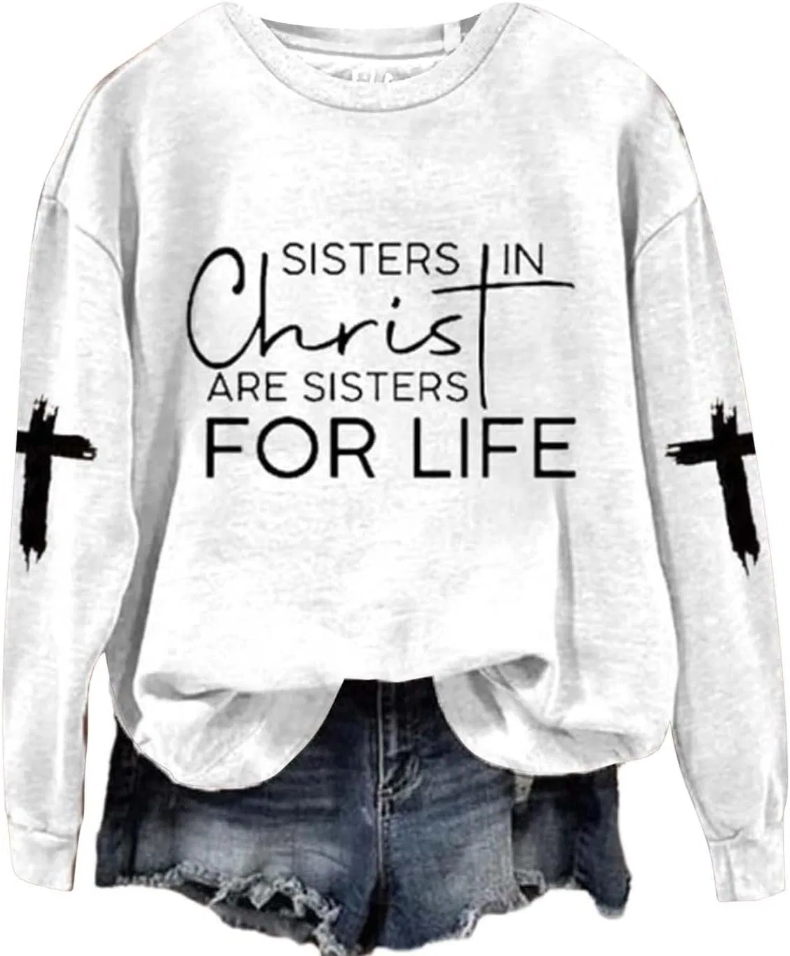 Женский свитшот с длинным рукавом Sisters In Christ Are Sisters For Life, белый — фото 2