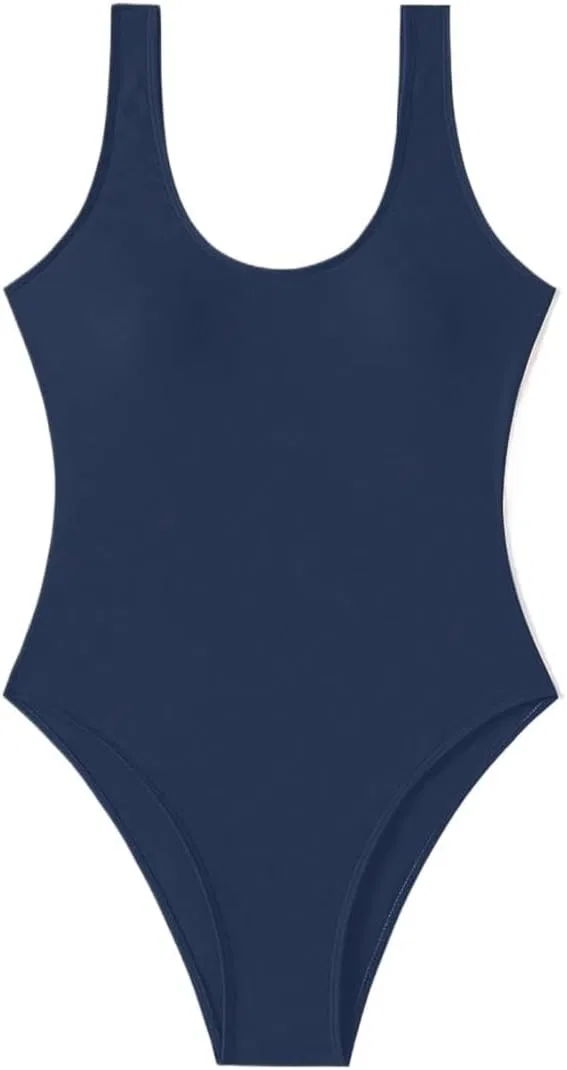 Женский цельный купальник с открытой спиной и высоким вырезом Navy Blue