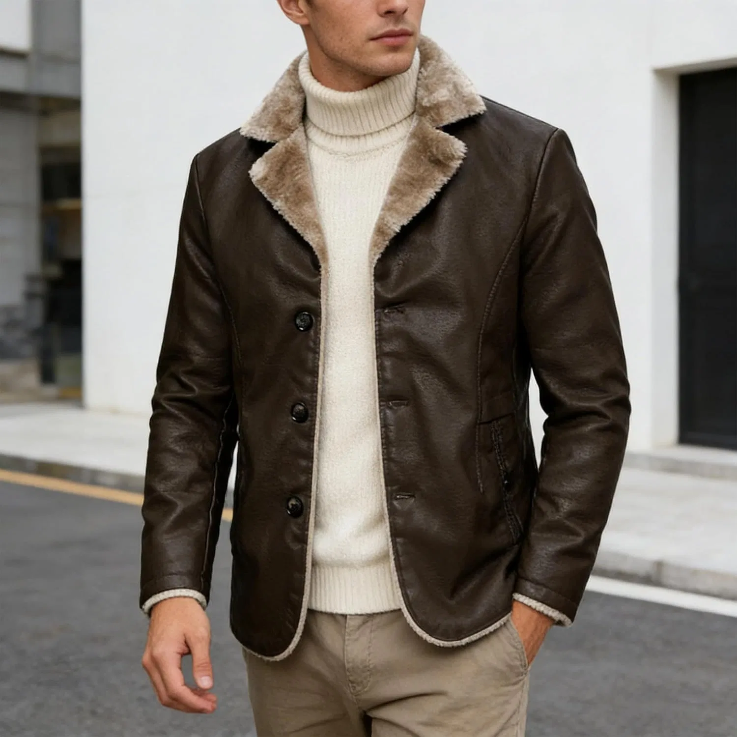 Мужская куртка-косуха из экокожи с подкладкой из флиса, Slim Fit, тёмно-коричневый — фото 2