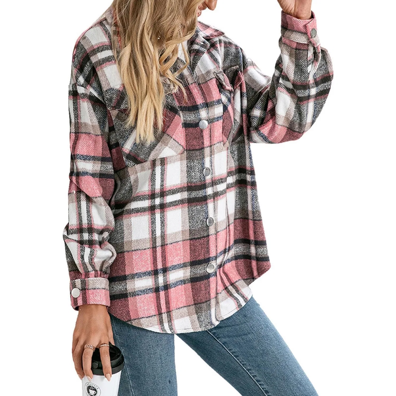 Женское пальто свободного кроя с принтом в клетку, модель Plaid Button Down, Rosa — фото 4