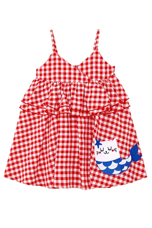 Детское платье для девочек с принтом Cat Girl's Red Plaid Ruffle Strap Denokids, Red — фото 4