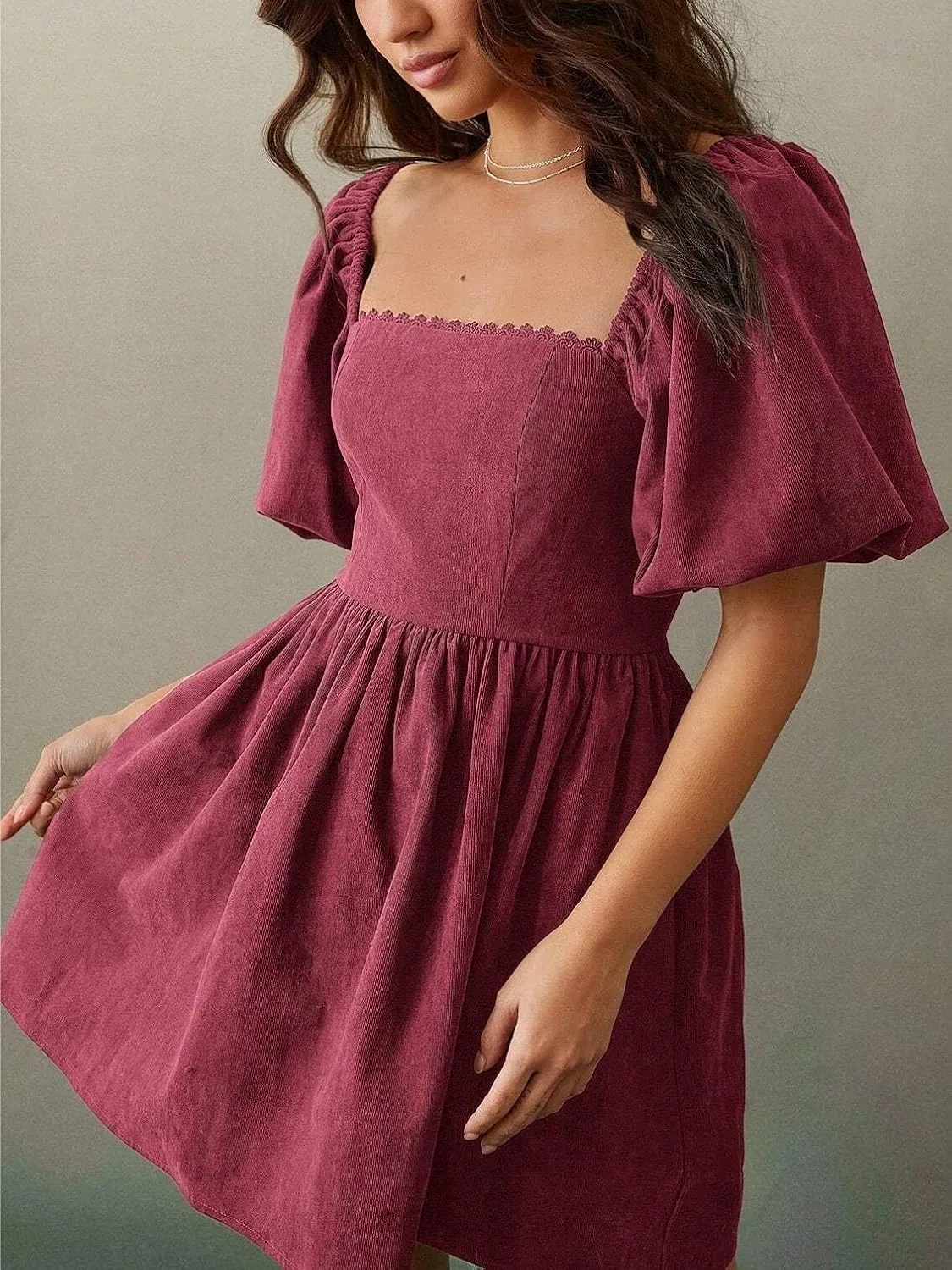 Женское мини-платье A-силуэта с квадратным вырезом Corduroy, Red — фото 4