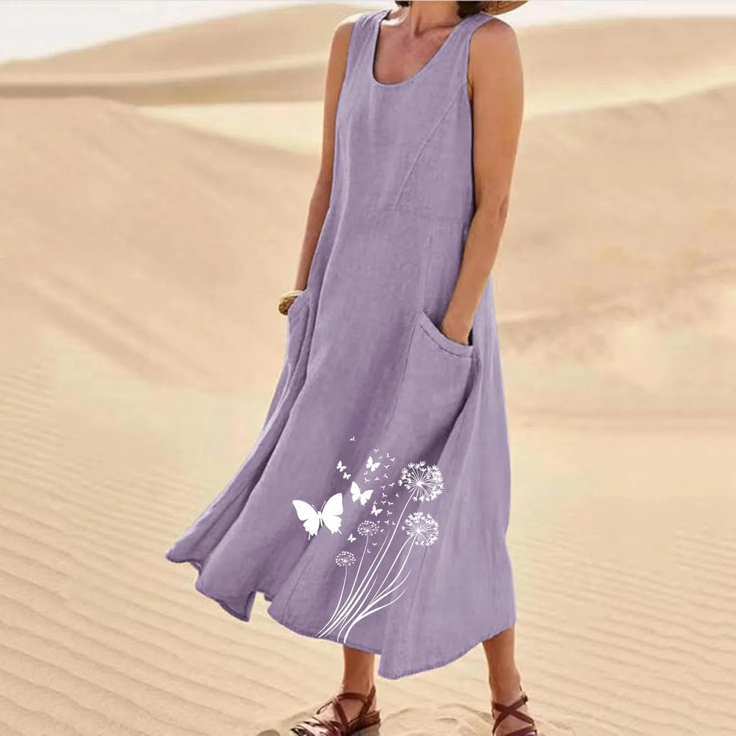 Женское пляжное платье-макси с принтом, без рукавов, с карманами, Plus Size, Purple — фото 2