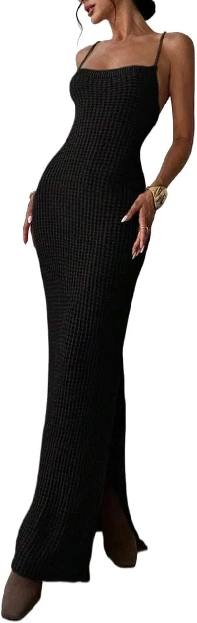 Женское сексуальное платье с разрезом и шнуровкой Knit, Black