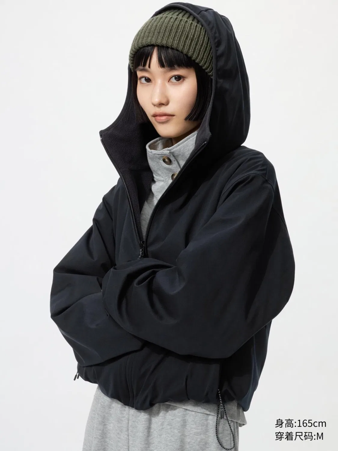Куртка-худи на молнии двусторонняя ветрозащитная из флиса Uniqlo, черный