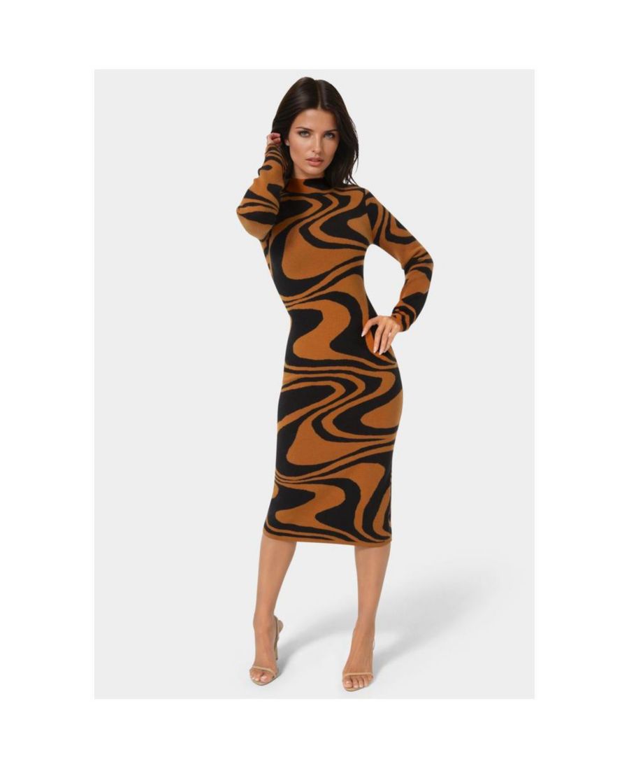

Женское жаккардовое платье-свитер миди с воронкообразным верхом Bebe, Brown black