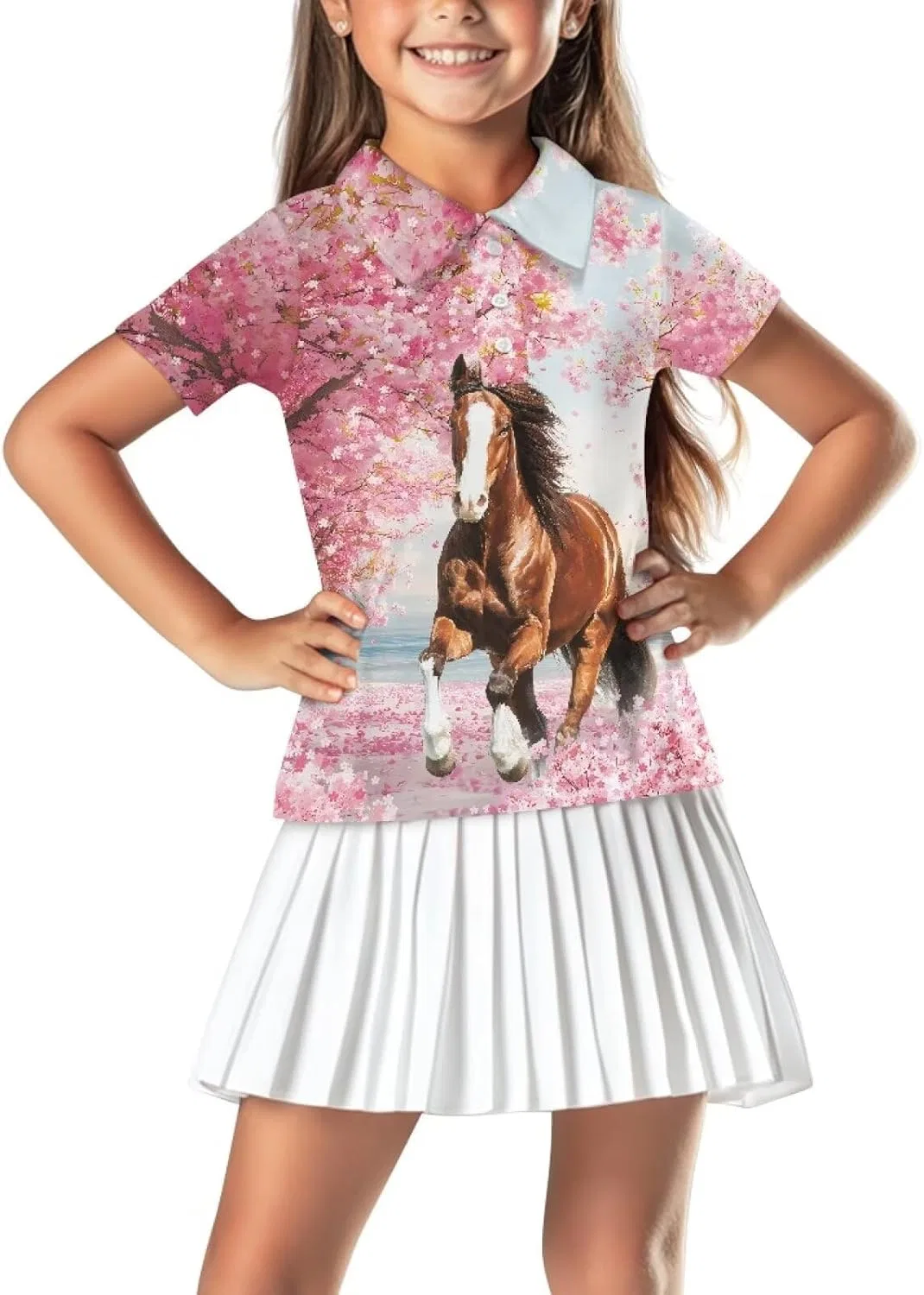 Детская футболка поло с воротником, Snilety, Pink Floral Horse Print