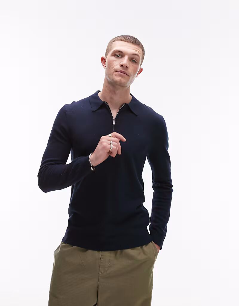 

Поло Topman Essential на молнии с шерстяной отделкой темно-синего цвета