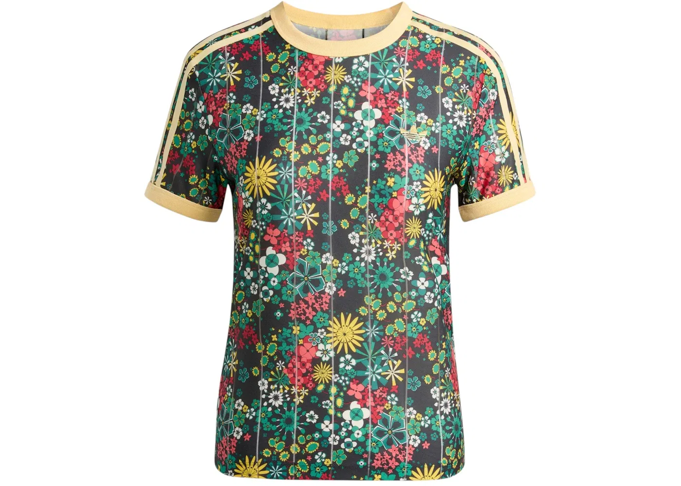 Женская футболка с принтом Liberty London 3 Stripes Tee Adidas, Black Bold Green Collegiate Green EQT Yellow