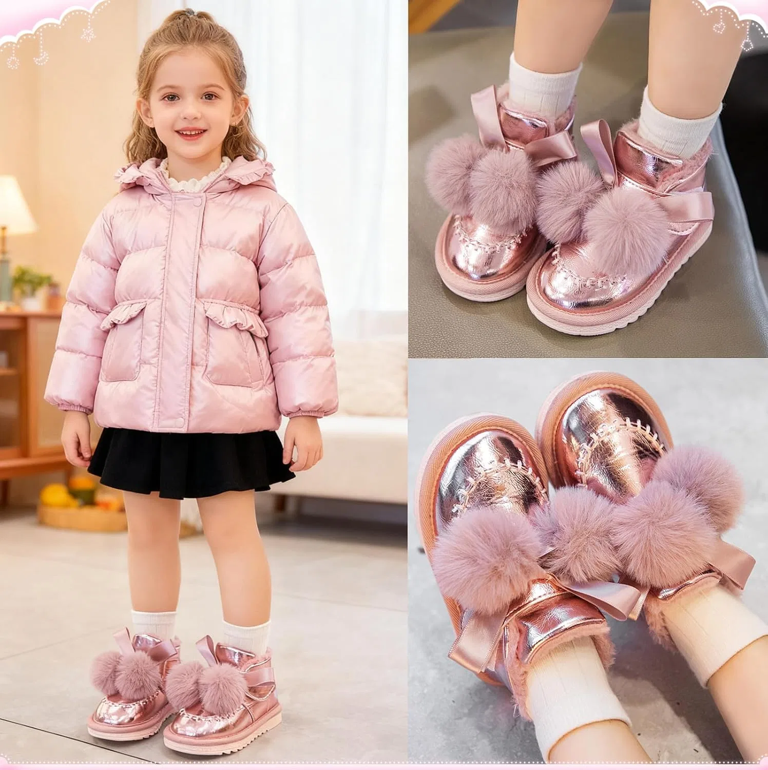 Детские зимние сапоги для девочек с бантом и искусственным мехом DADAWEN, Pink — фото 2